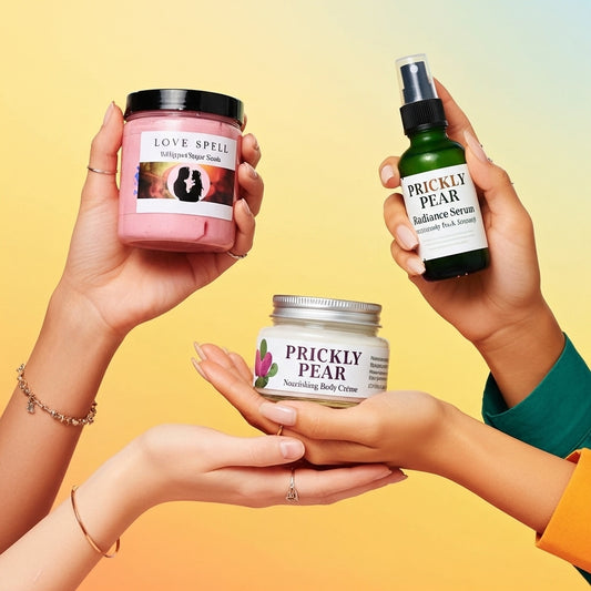 Four hands holding skincare products with 'Prickly Pear' and 'Love Spell' branding against a yellow background.