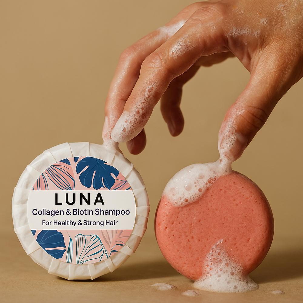 LUNA shampoo bar with packaging on a beige background