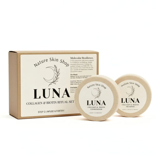 LUNA skincare set from Nature Skin Shop with packaging and two jars on a white background