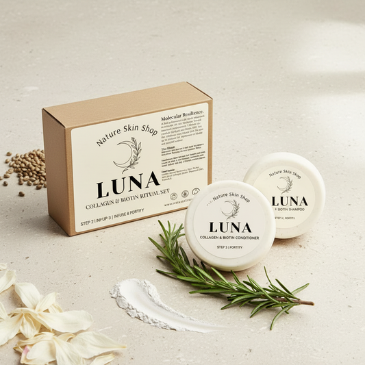 LUNA skincare products including a box, bottles, and a leaf on a light background