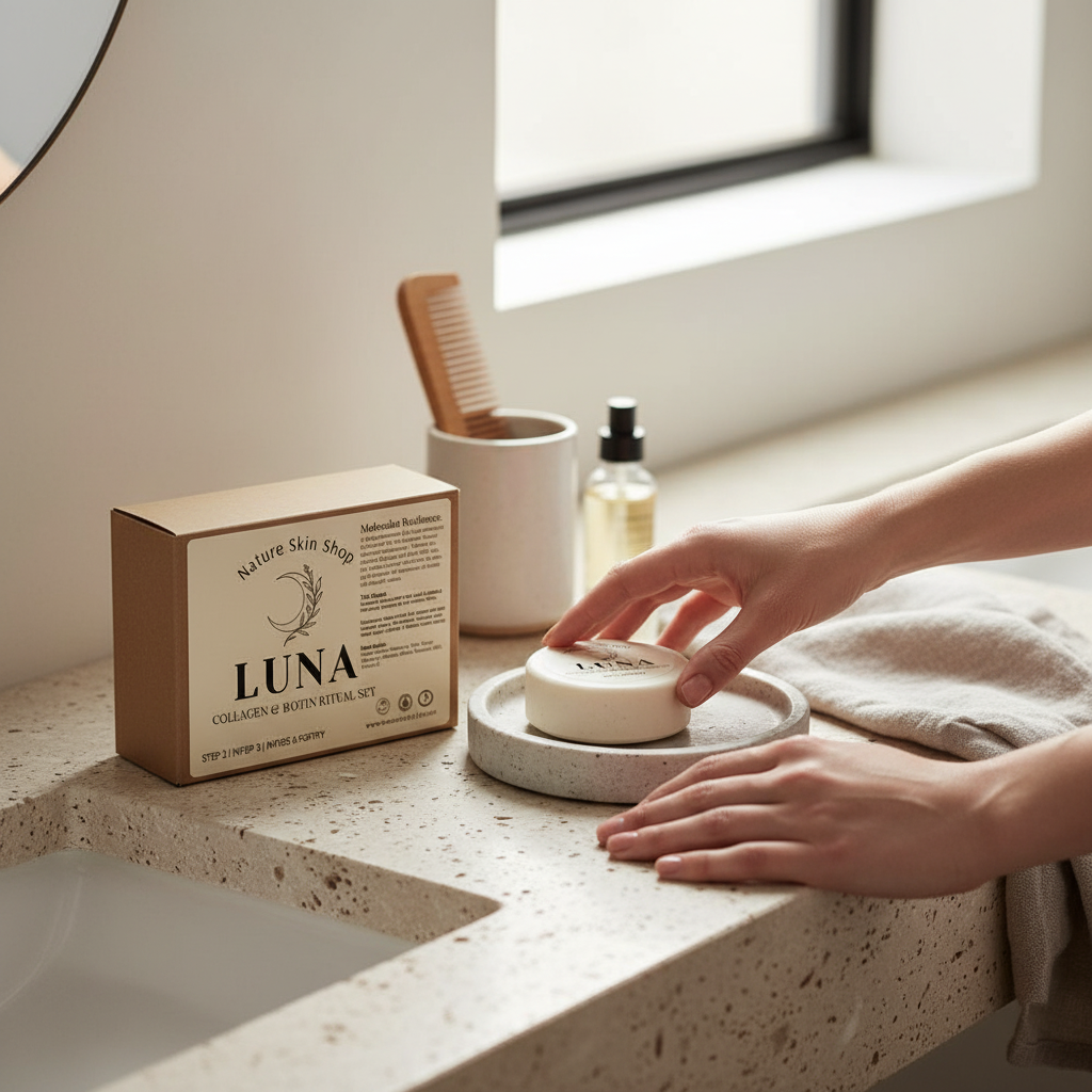 Person using a product from the LUNA brand on a bathroom counter.