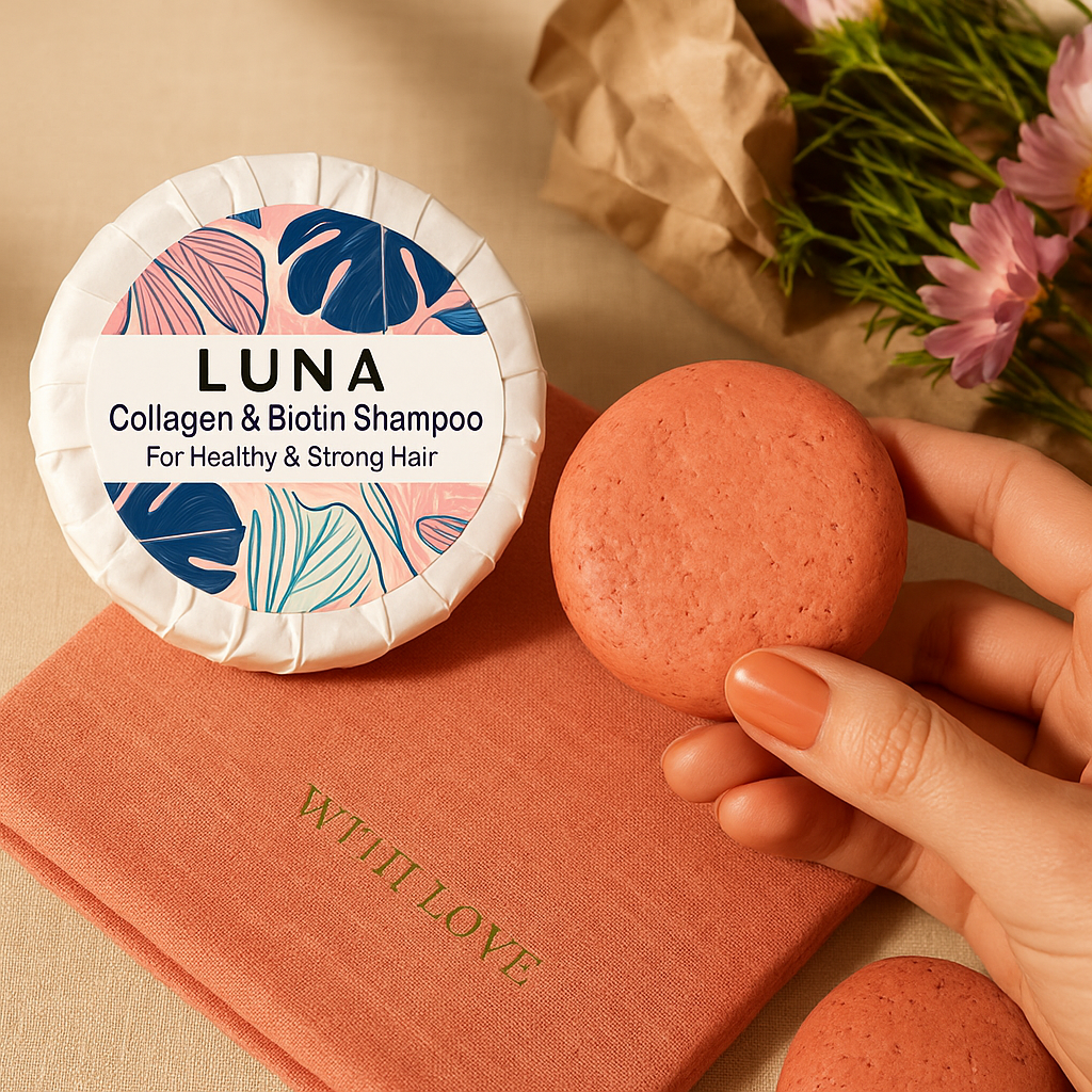 LUNA Collagen & Biotin Shampoo container with a hand holding a shampoo bar on a beige background.