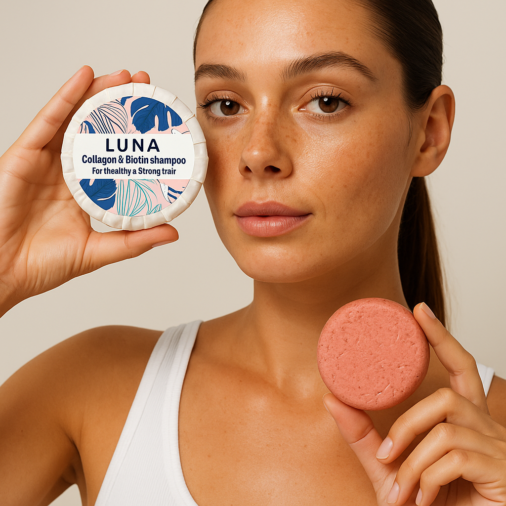 Woman holding a LUNA shampoo bar and container against a beige background