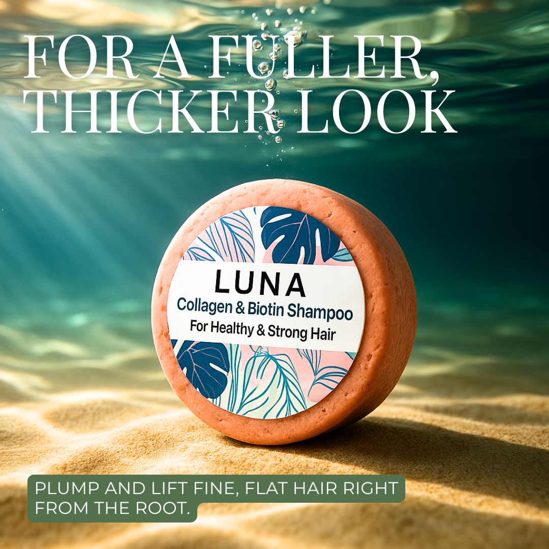 LUNA Collagen & Biotin Shampoo bar with ocean background
