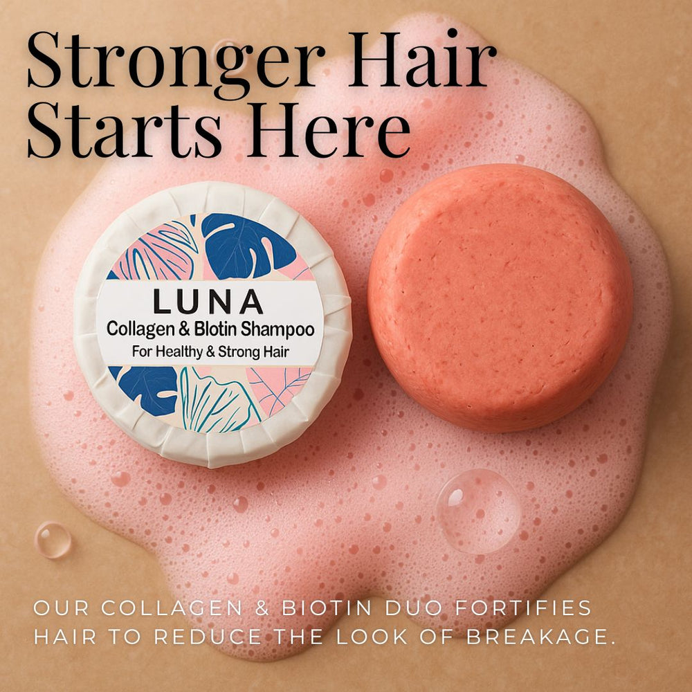 LUNA shampoo bottle and bar on a beige background with text about hair health.