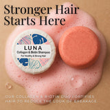 LUNA shampoo bottle and bar on a beige background with text about hair health.