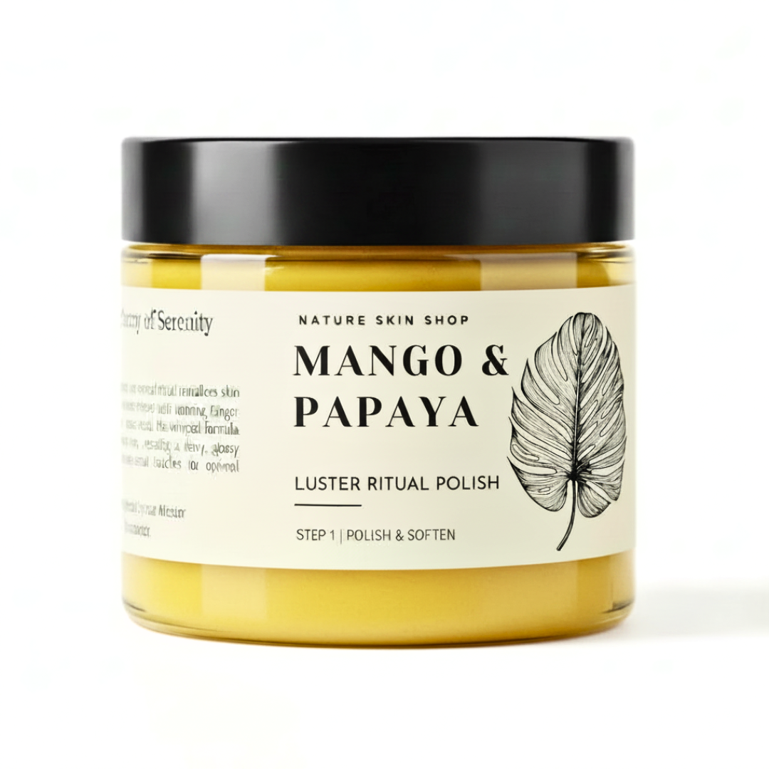 Jar of Mango & Papaya Luster Ritual Polish from Nature Skin Shop on a white background