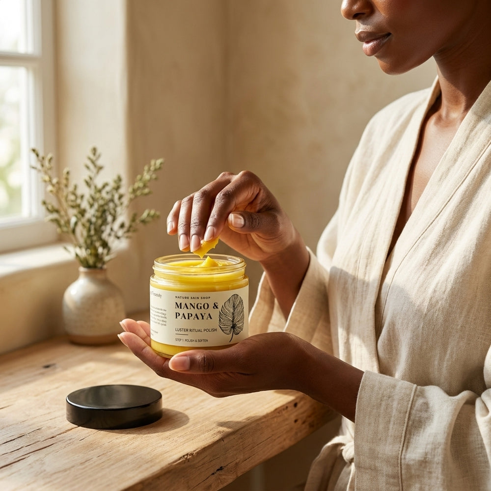 Person applying mango and papaya cream from a jar on a wooden table.