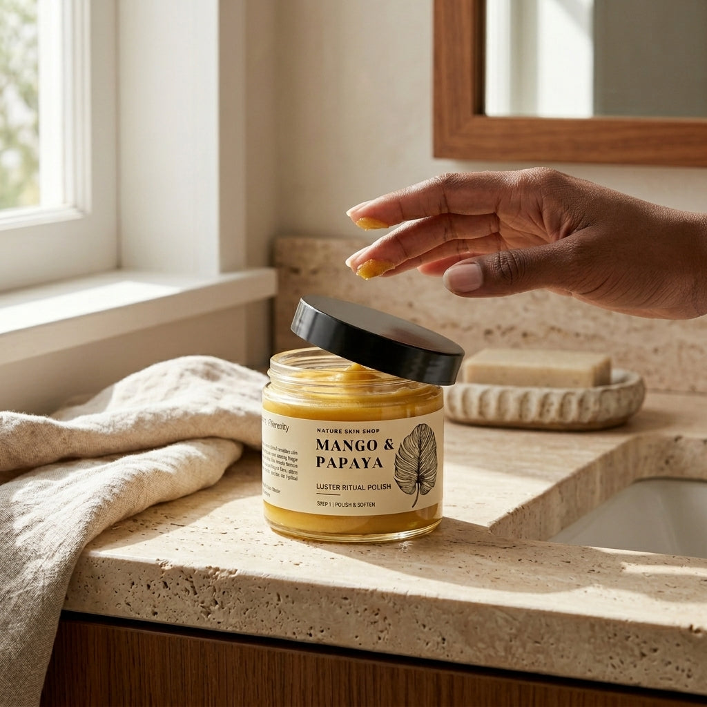 Jar of 'Mango & Papaya' product on a bathroom counter with a hand holding a yellow object.