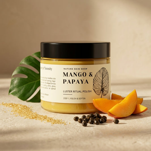 Jar of Mango & Papaya Luster Ritual Polish with mango slices and leaves on a beige background