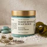 Jar of Marine Mineral Scalp Scrub with natural elements on a neutral background