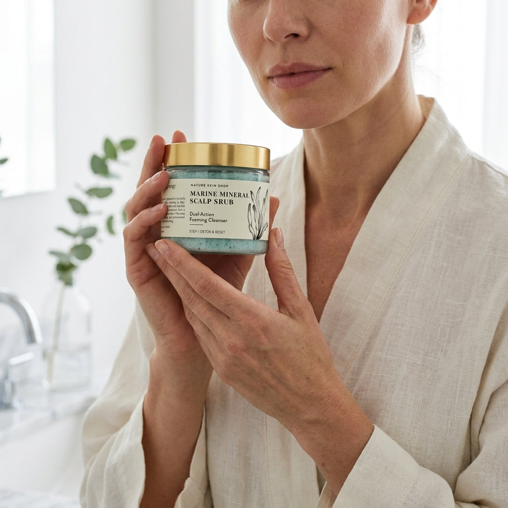 Woman holding a jar of scalp scrub in a bathroom setting