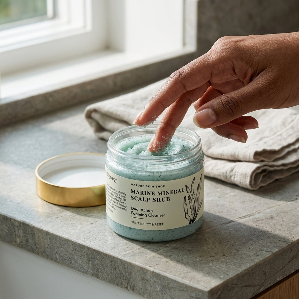 Hand interacting with a jar of Marine Mineral Scalp Scrub on a stone surface.