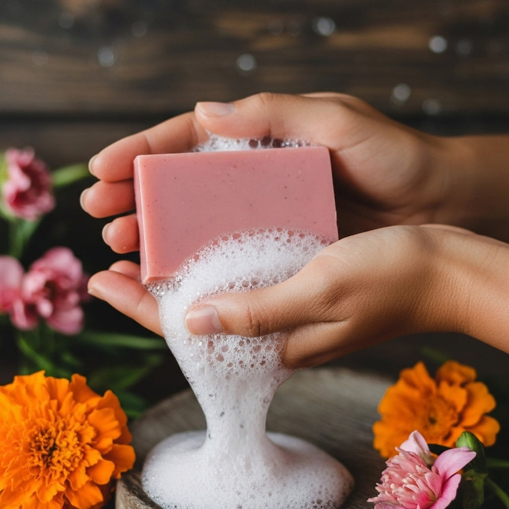 Person holding a bar of pink soap with bubbles, surrounded by flowers on a wooden surface.