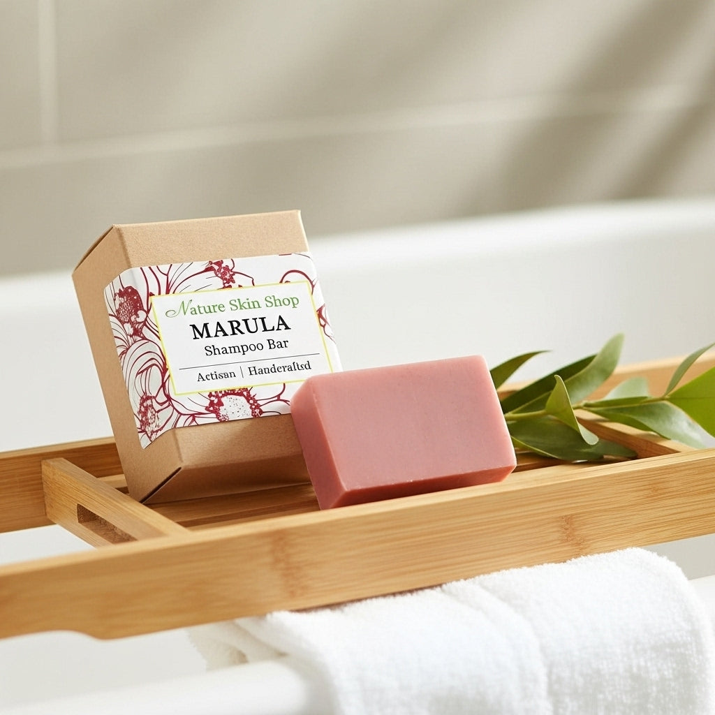 Pink shampoo bar with a 'Nature Skin Shop' label on a wooden tray with green leaves.