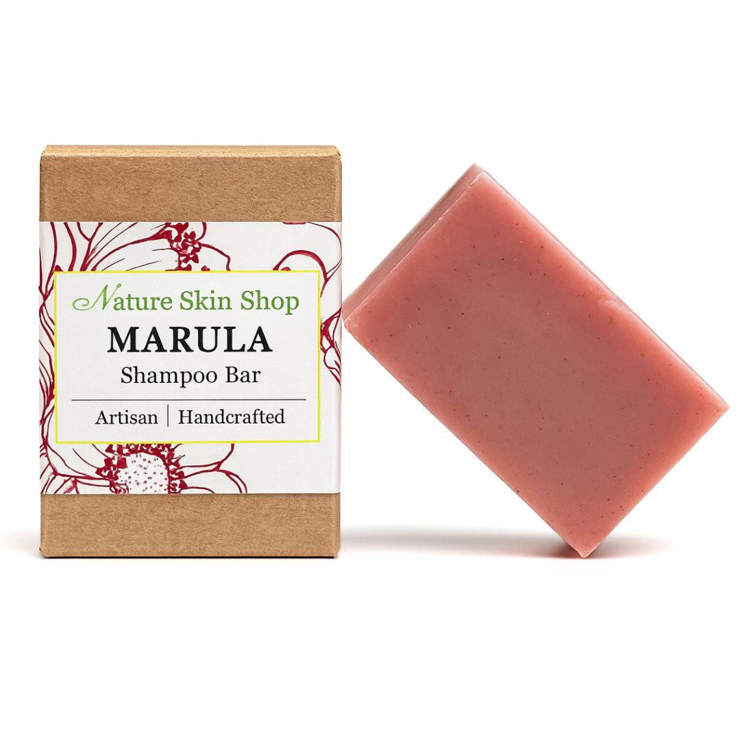 Marula Shampoo Bar from Nature Skin Shop with packaging on a white background