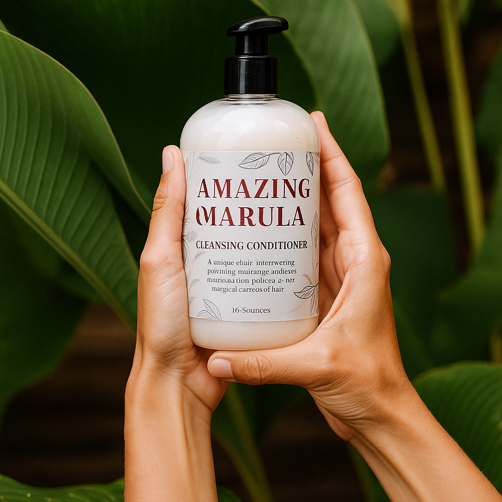 Hand holding a bottle of 'Amazing Marula' cleansing conditioner with green leaves in the background