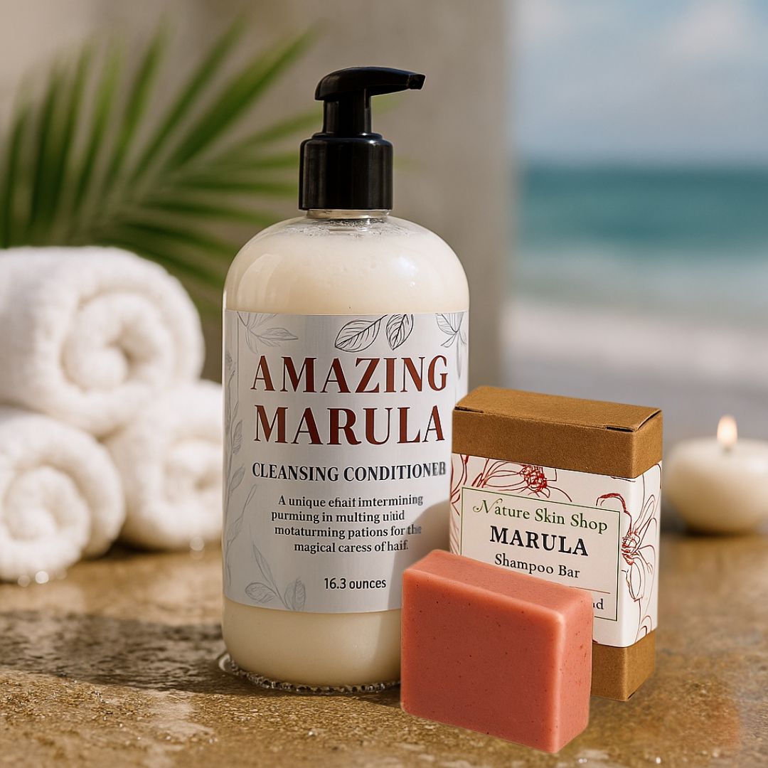 Bottle of 'Amazing Marula' cleansing conditioner with a shampoo bar on a beach setting.