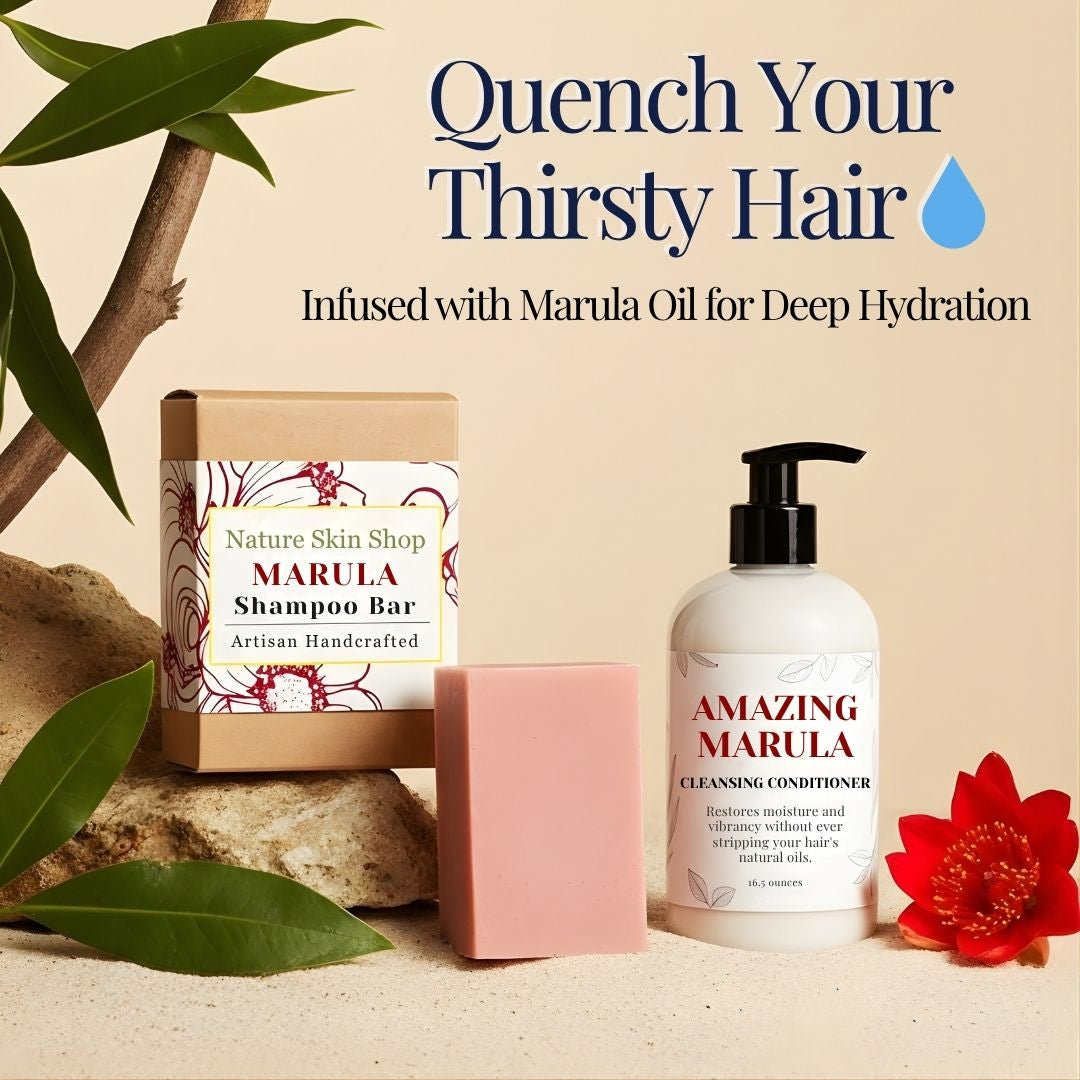 Hair care products including a shampoo bar, soap, and conditioner with marula oil on a natural background.
