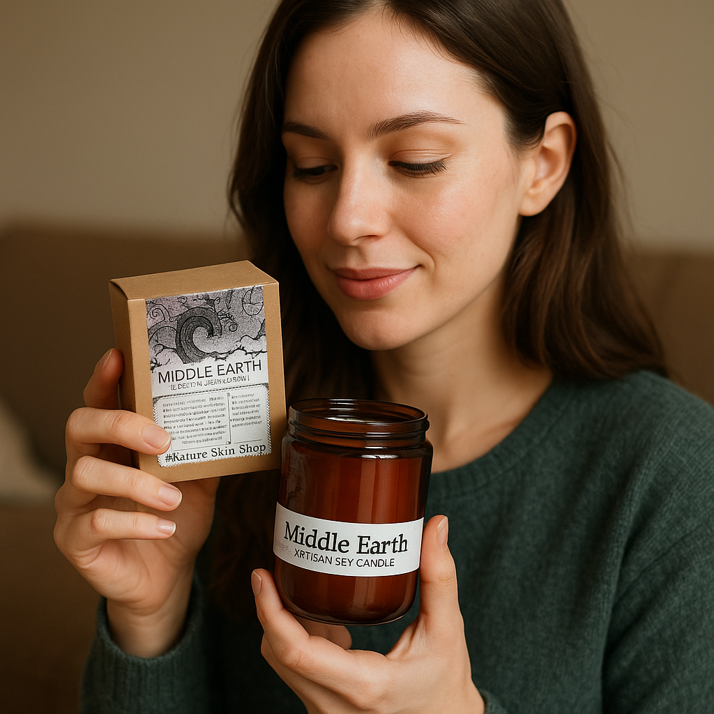 Woman holding a jar and box of 'Middle Earth' candles.