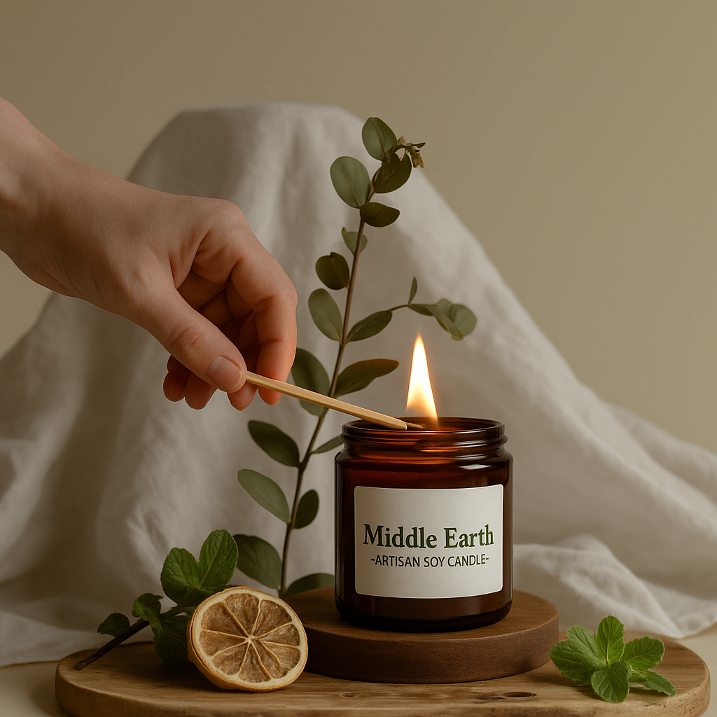 Hand lighting a 'Middle Earth' artisan soy candle with a wooden coaster and greenery.