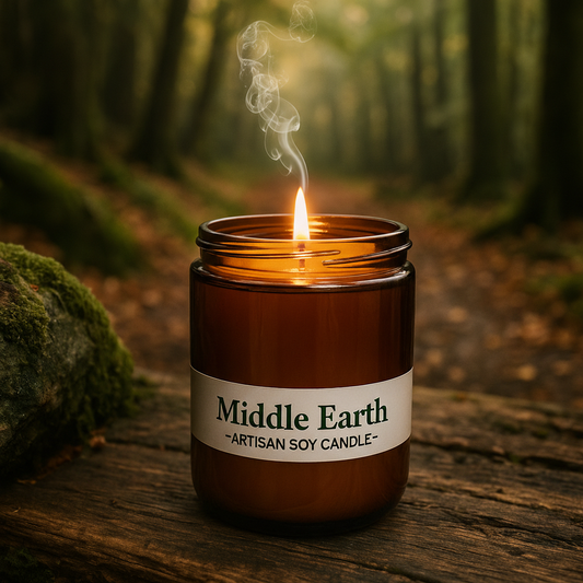Artisan soy candle labeled 'Middle Earth' in a forest setting