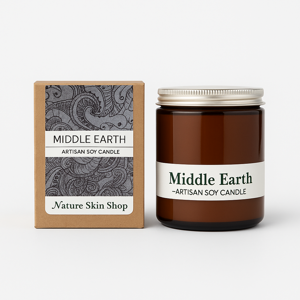 Artisan soy candle labeled 'Middle Earth' from Nature Skin Shop with its packaging on a white background.