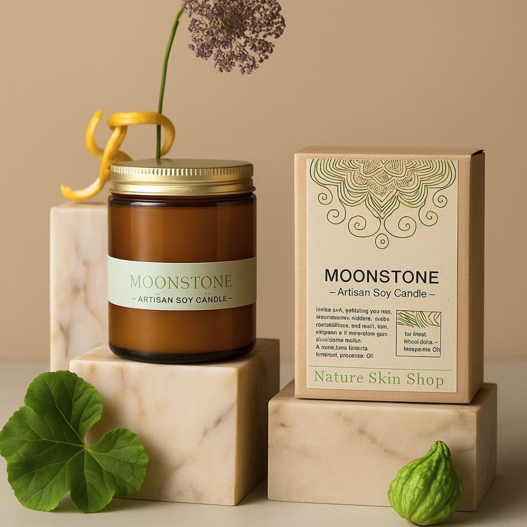 Moonstone artisan soy candle with packaging on a neutral background