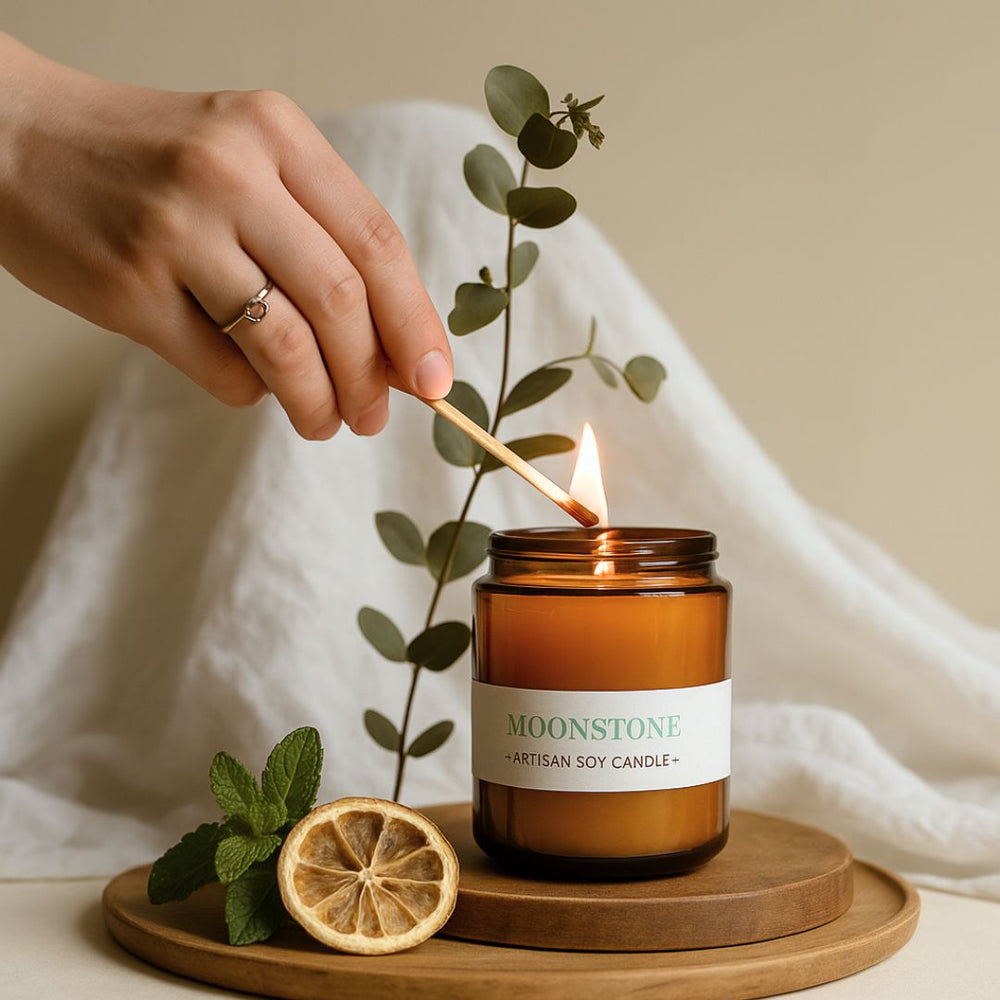 Hand lighting a candle labeled 'Moonstone' with a plant and dried lemon on a wooden tray.