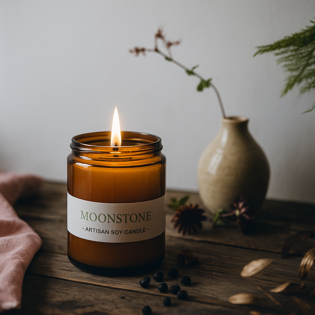 Moonstone artisan soy candle in a glass jar with a label, surrounded by decorative elements on a wooden surface.
