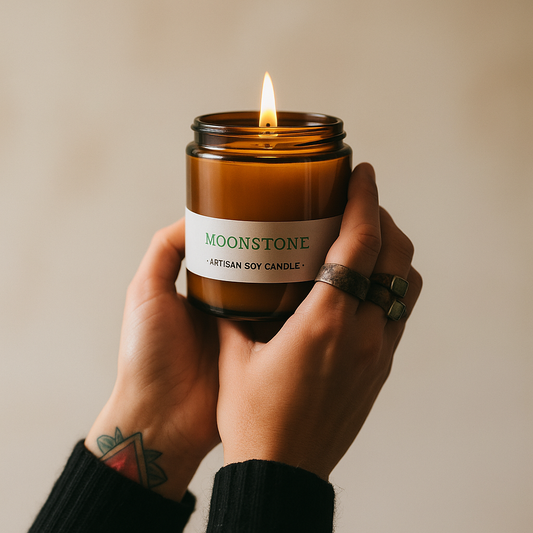 Hand holding a lit Moonstone artisan soy candle against a neutral background