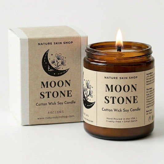 Moon Stone candle from Nature Skin Shop with packaging on a white background
