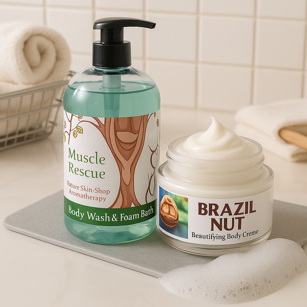 Body wash and foam bath bottle and Brazil nut body crème on a bathroom counter.