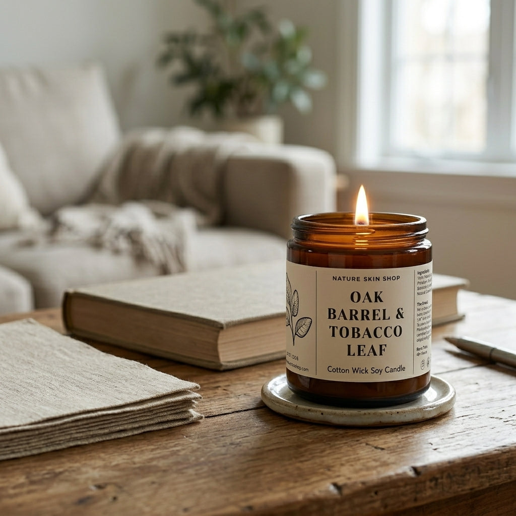Candle labeled 'Oak Barrel & Tobacco Leaf' on a wooden table with a cozy living room background.