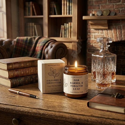 Candle labeled 'Oak Barrel & Tobacco Leaf' on a wooden table with books, a decanter, and a sofa in the background.