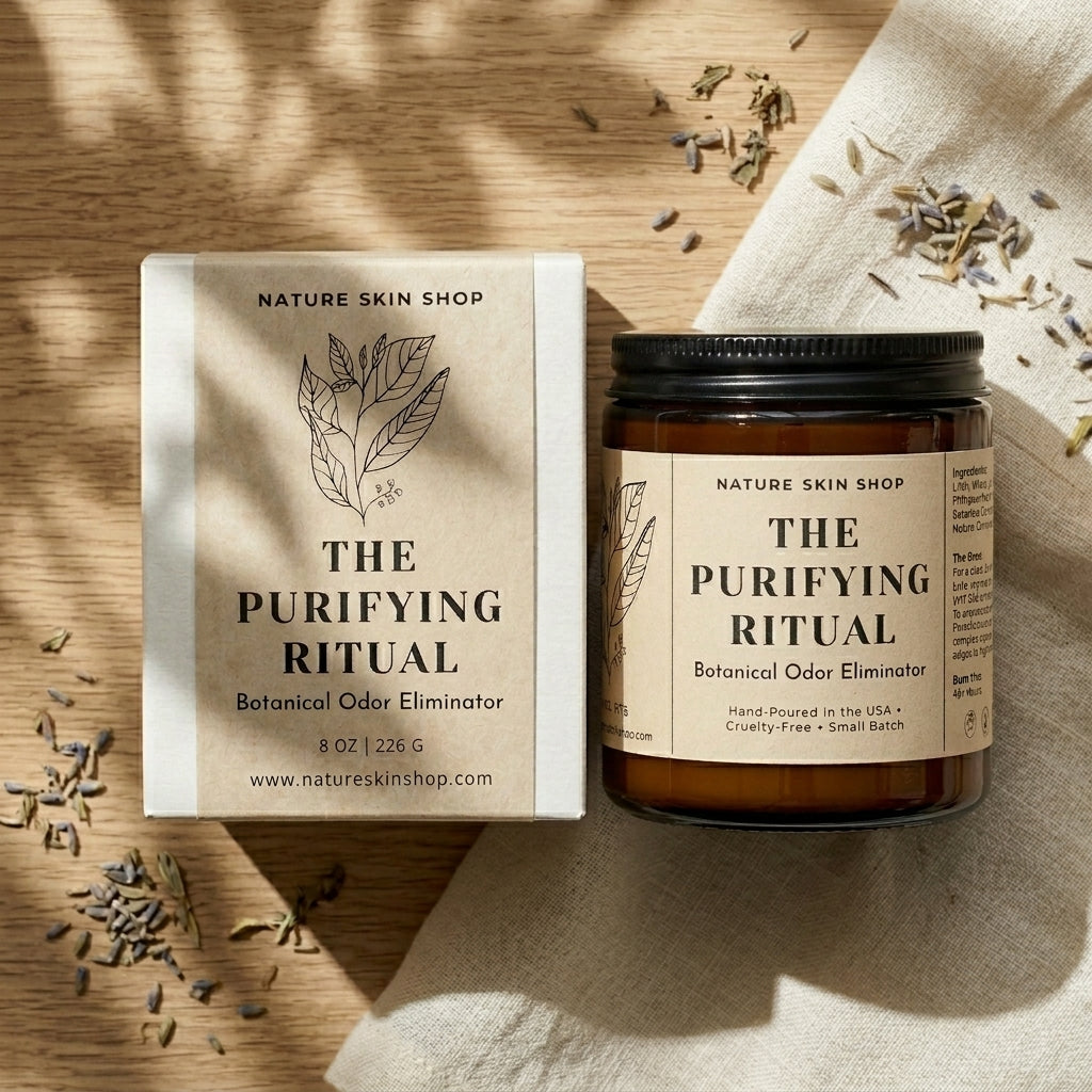 Nature Skin Shop 'The Purifying Ritual' botanical odor eliminator packaging on a wooden surface with dried herbs.