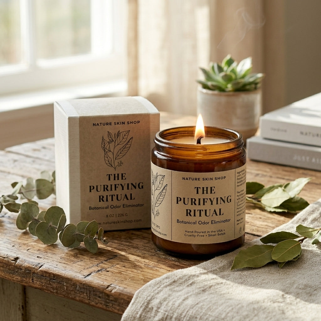 Candle labeled 'The Purifying Ritual' on a wooden surface with a box and plants in the background.