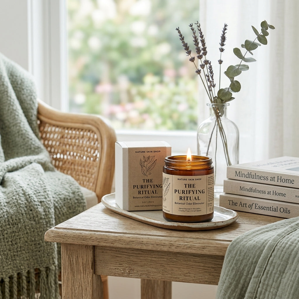 Candle labeled 'The Purifying Ritual' on a wooden table with books and a vase of lavender in the background.
