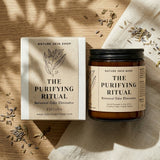 Nature Skin Shop 'The Purifying Ritual' botanical odor eliminator packaging on a wooden surface with dried herbs.