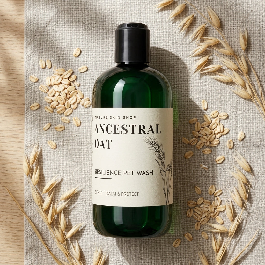 Bottle of 'Ancestral Oat' pet wash surrounded by oats on a textured surface