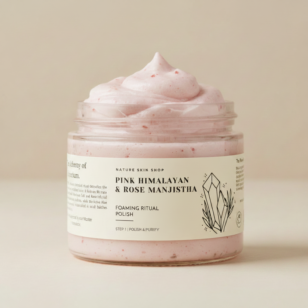 Pink Himalayan and Rose Manjistha foaming ritual polish in a jar with a beige background