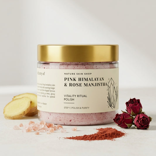 Jar of Pink Himalayan and Rose Manjistha polish with gold lid on a white background