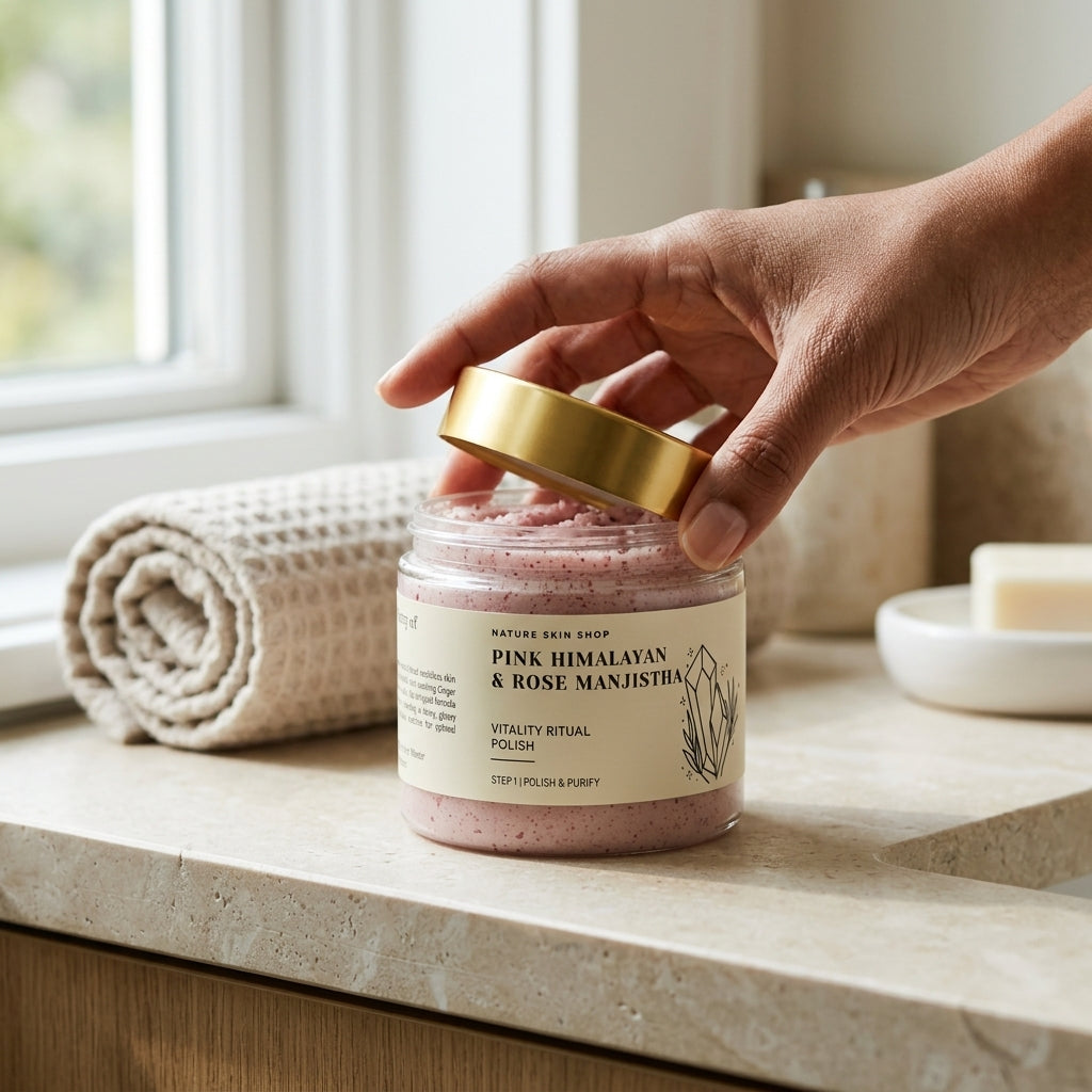 Hand opening a jar of Pink Himalayan and Rose Manjistha scrub on a bathroom counter.