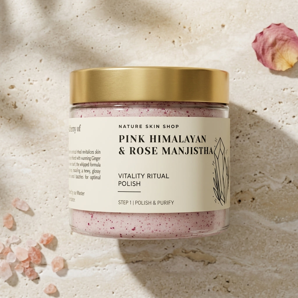 Jar of Pink Himalayan & Rose Manjistha polish from Nature Skin Shop on a textured beige background.