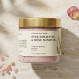 Jar of Pink Himalayan & Rose Manjistha polish from Nature Skin Shop on a textured beige background.