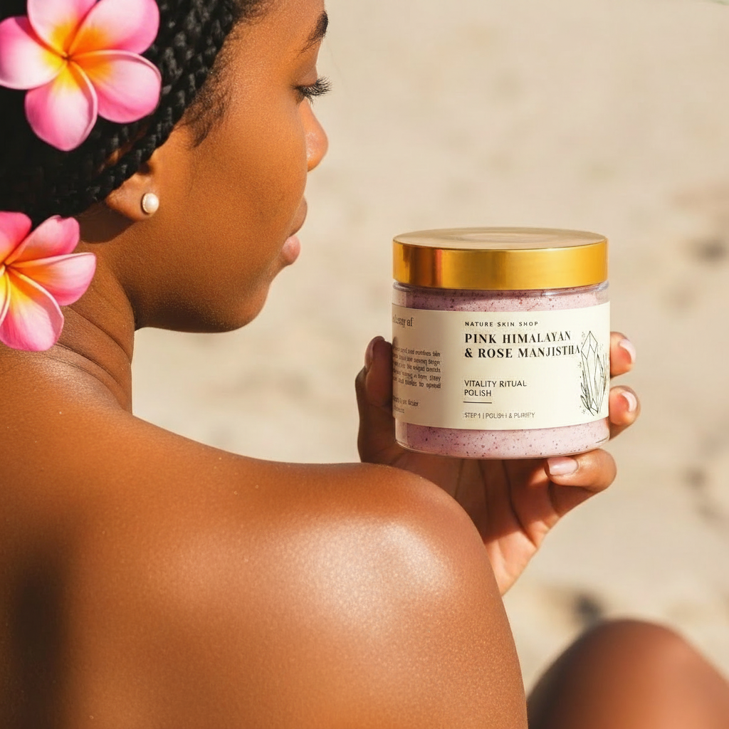 Woman holding a jar of Pink Himalayan and Rose Salt Scrub with flowers in her hair.