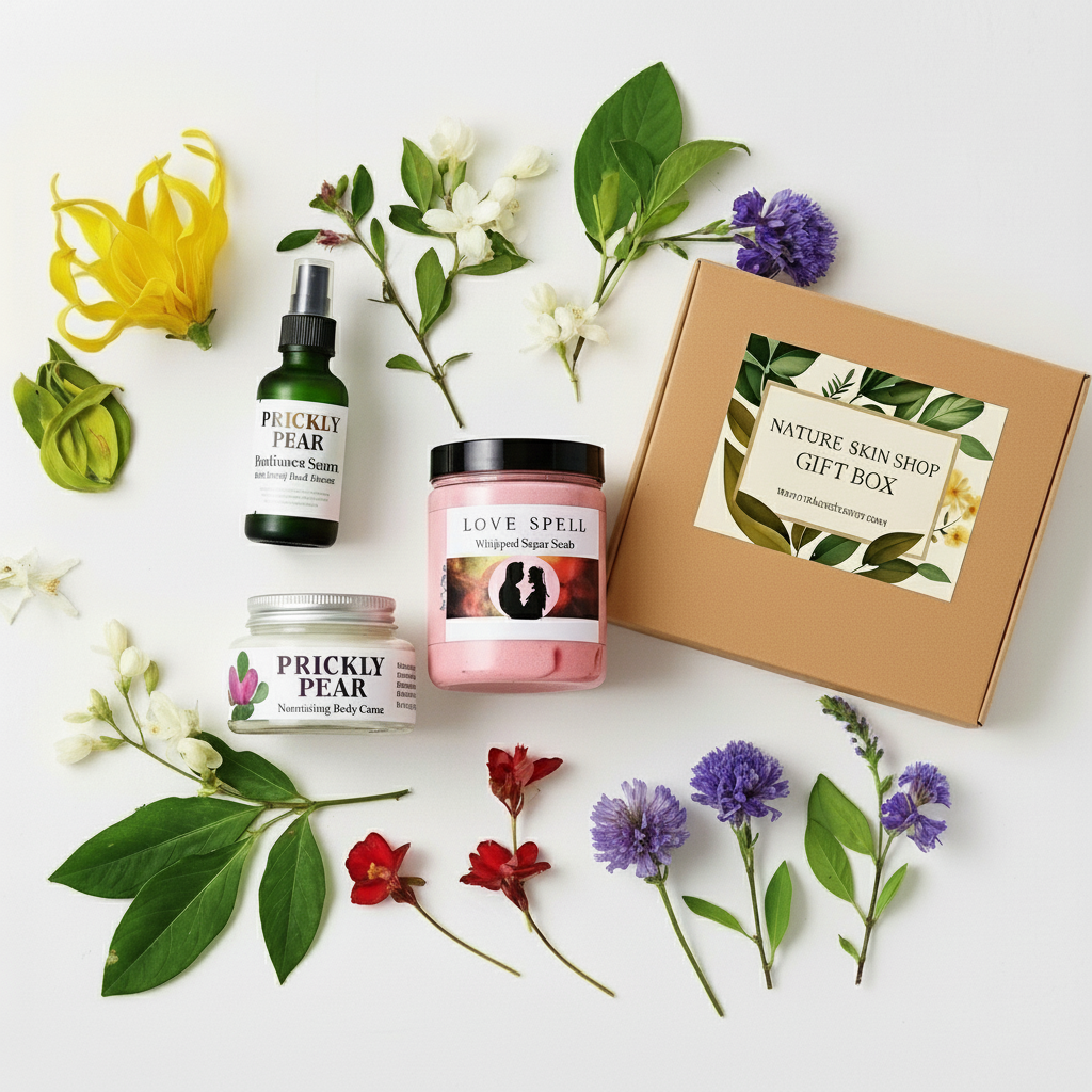 Nature Skin Shop gift box with skincare products and flowers on a white background