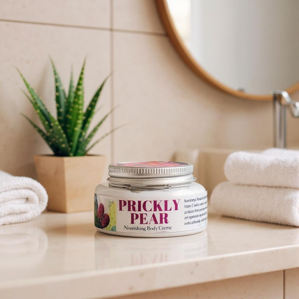 Jar of Prickly Pear body cream on a bathroom counter with towels and a plant in the background.