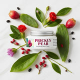 Prickly pear cactus cream with cactus fruits, leaves, and flowers on a white background