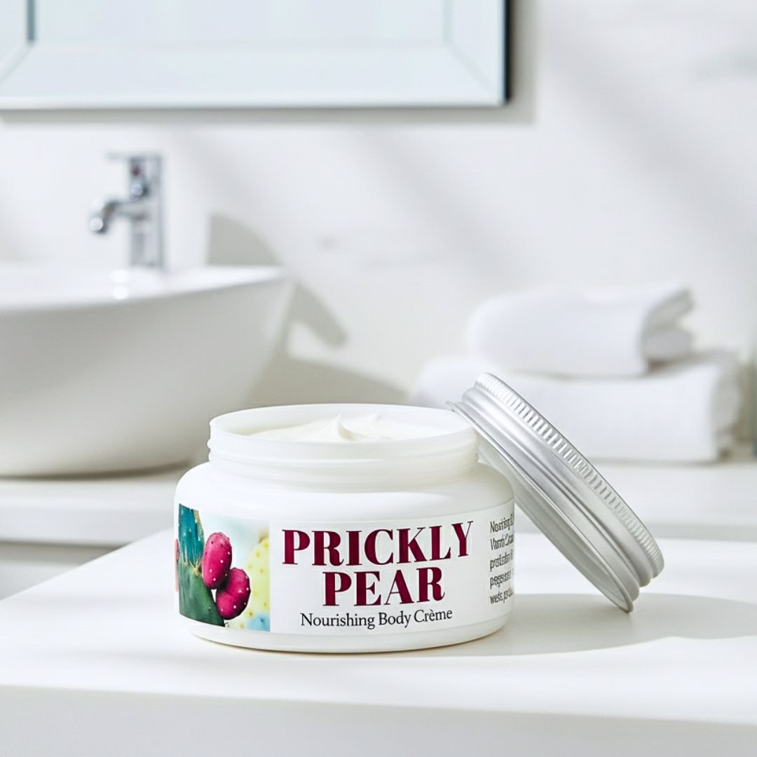 Prickly Pear body crème jar on a bathroom counter